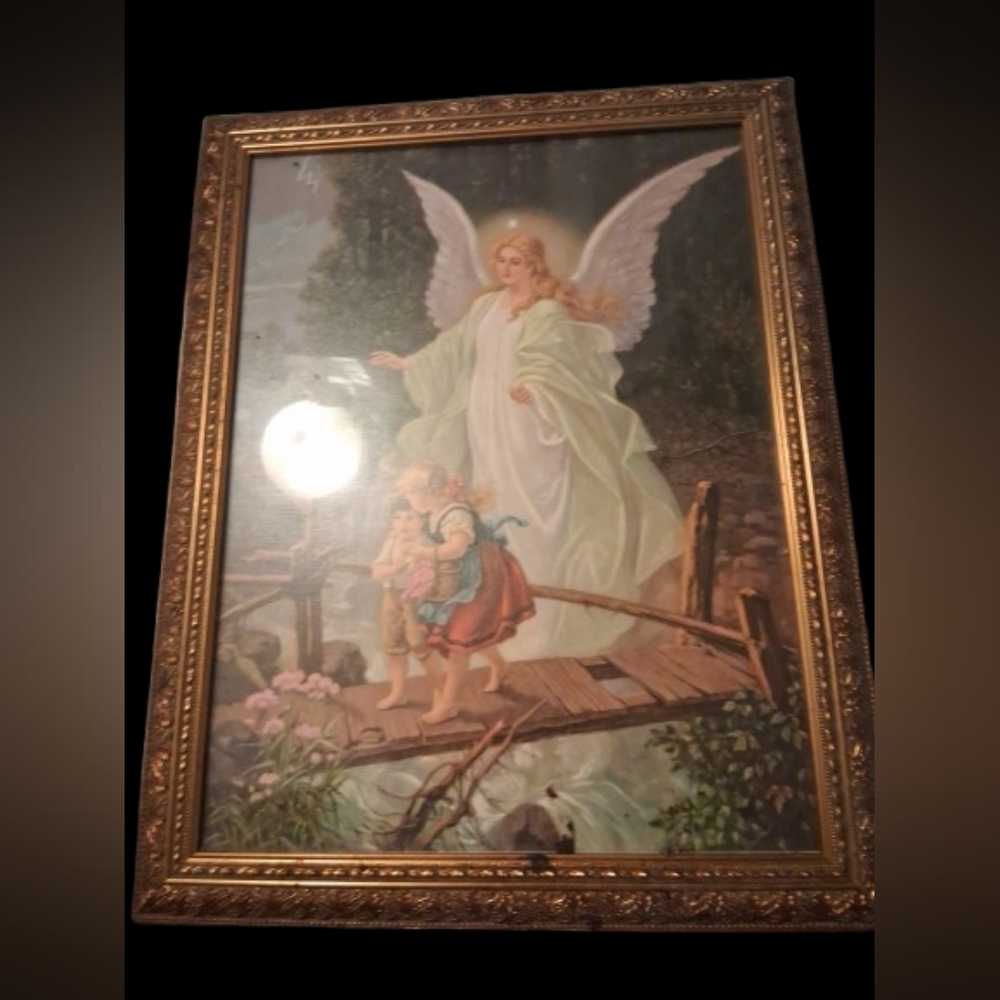 VTG Guardian Angel on the Bridge" Watching Over 2 Children."Orginal Goldèn Frame